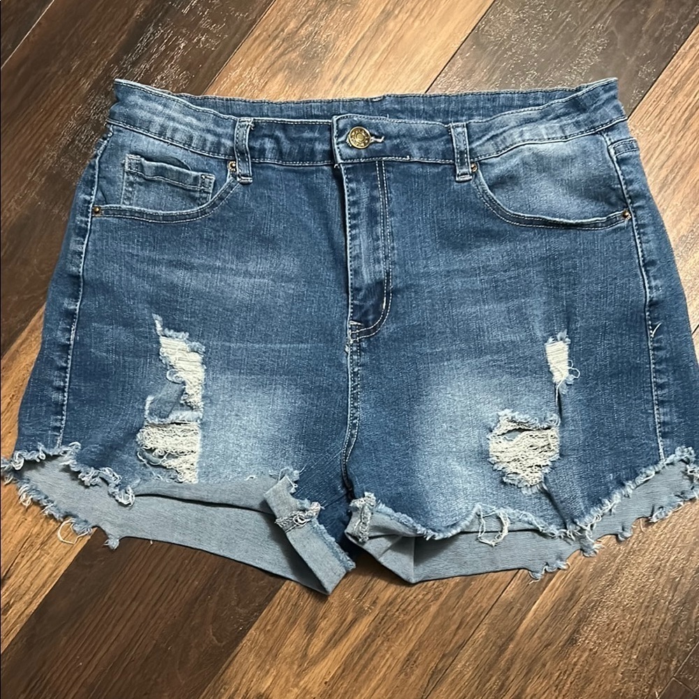 Blue Distressed Jean Shorts with Rolled Hems